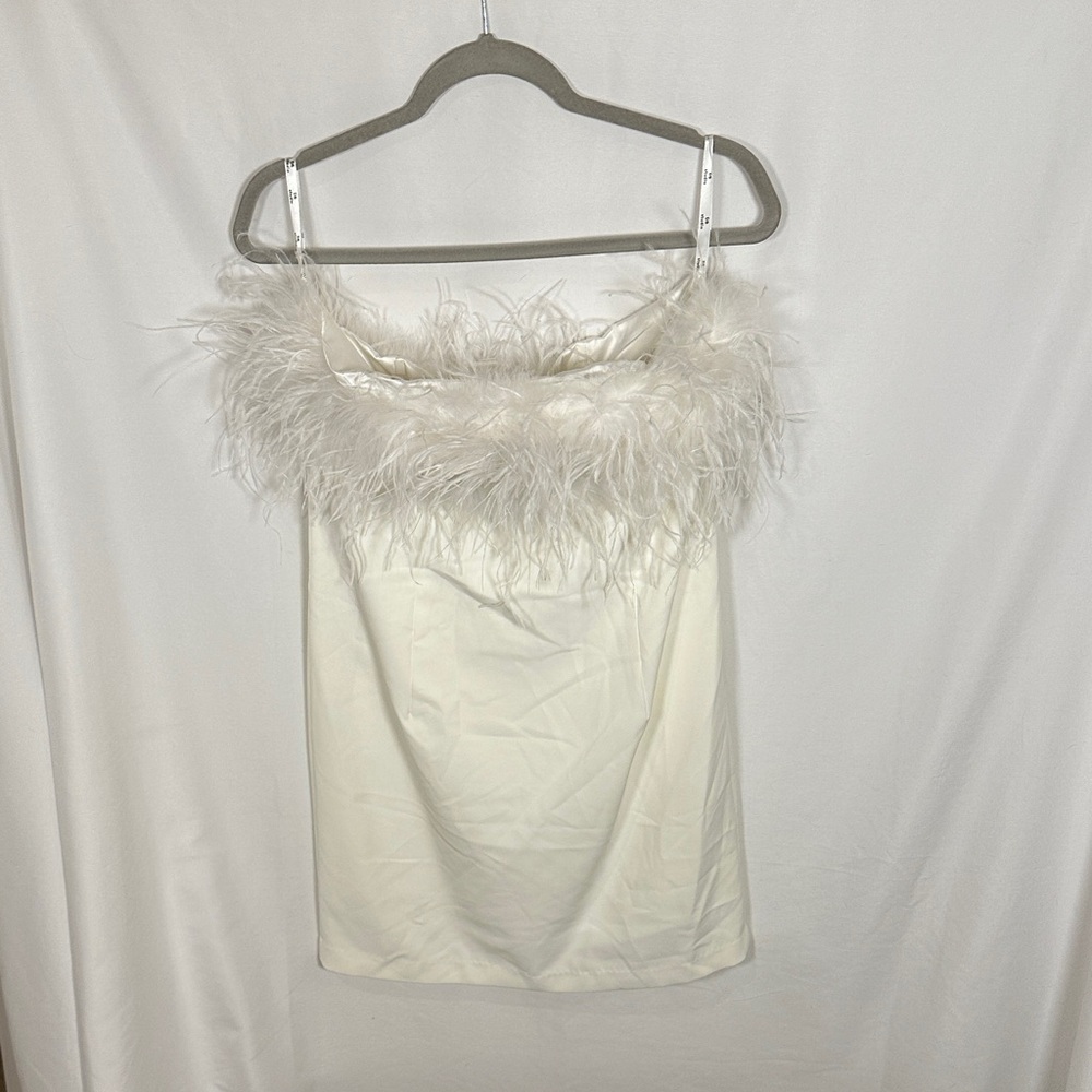 Chic White Feather-Trim Mini Dress